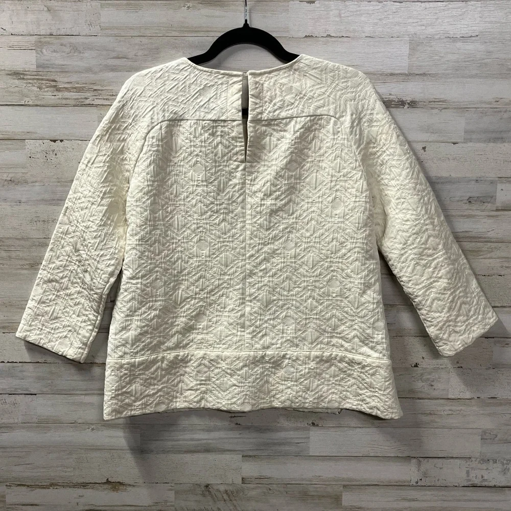 J. Crew Cream Textured Matelasse Boxy Brocade 3/4 Sleeve Zip Top